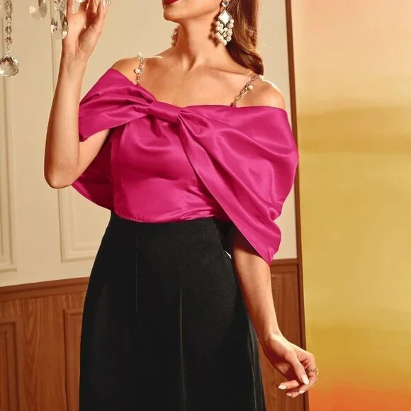 Pink Boho Womens Cold Shoulder Ruched Sleeve Satin Top - Picture 6 of 9